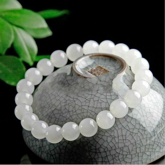 Natural 8mm White Jade Round Gemstone Beads Stretch Bracelet 7.5'' Women's - Picture 1 of 3